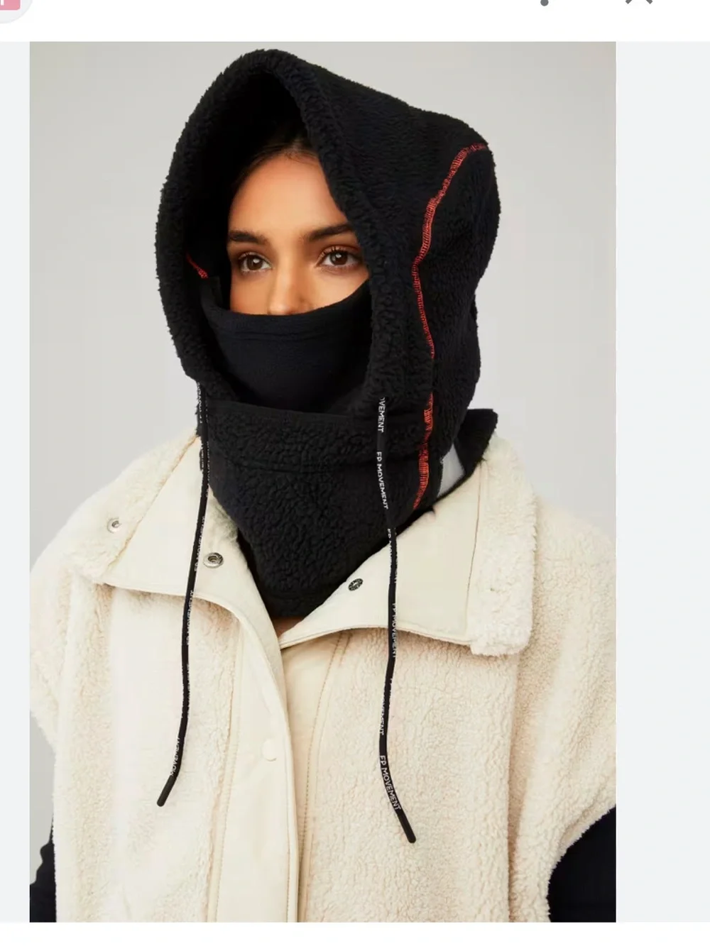 Free People FP Movement Hit The Slopes Balaclava Black Fleece Red Stitch Hood